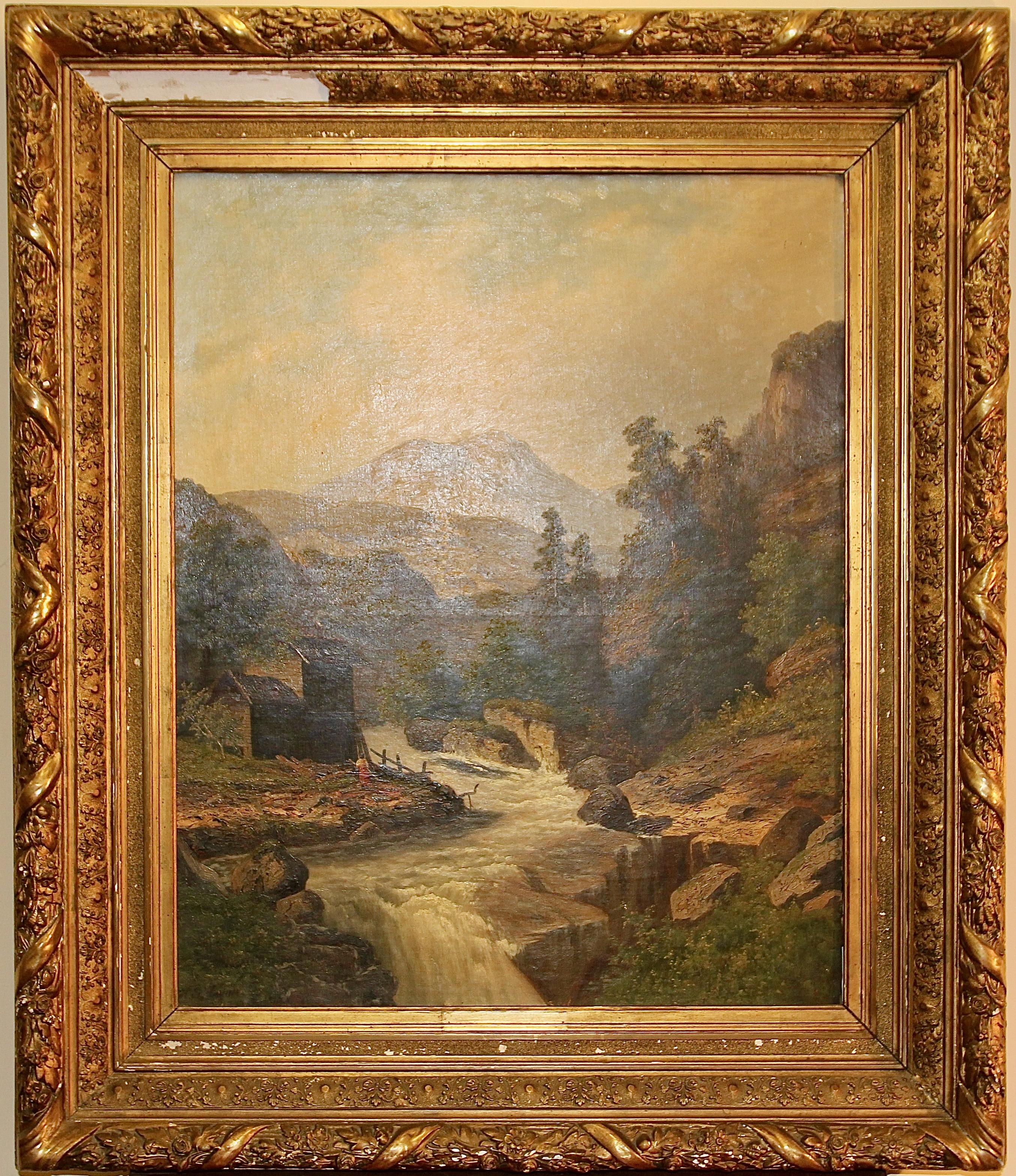 Unknown Landscape Painting - Oil painting, 19th century, river and mountain landscape. 