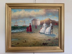 Oil Painting Beach Scene Figures Women Seascape Impressionist Signed, Framed