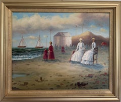 Oil Painting Beach Scene Figures Women Seascape Impressionist Signed, Framed