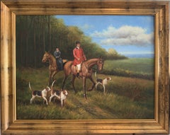 Oil Painting English Fox Hunt Horses Hounds Hunting Scene Landscape Art