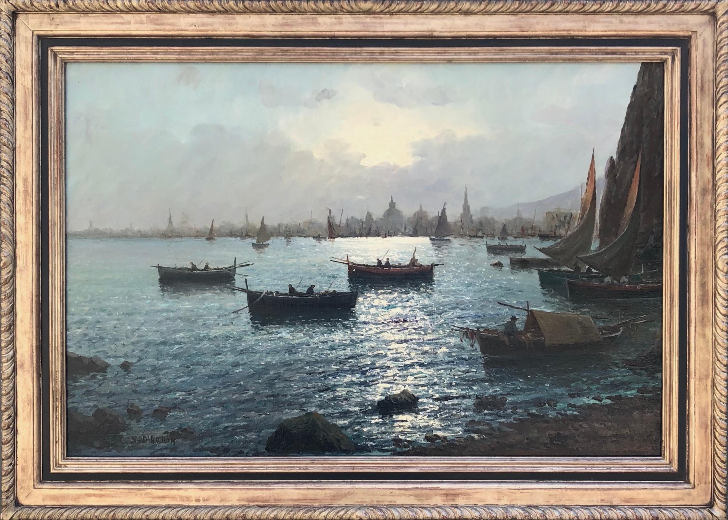 Unknown Landscape Painting - Oil Painting, Italian School, Harbour Scene with City in background (Early 20th)