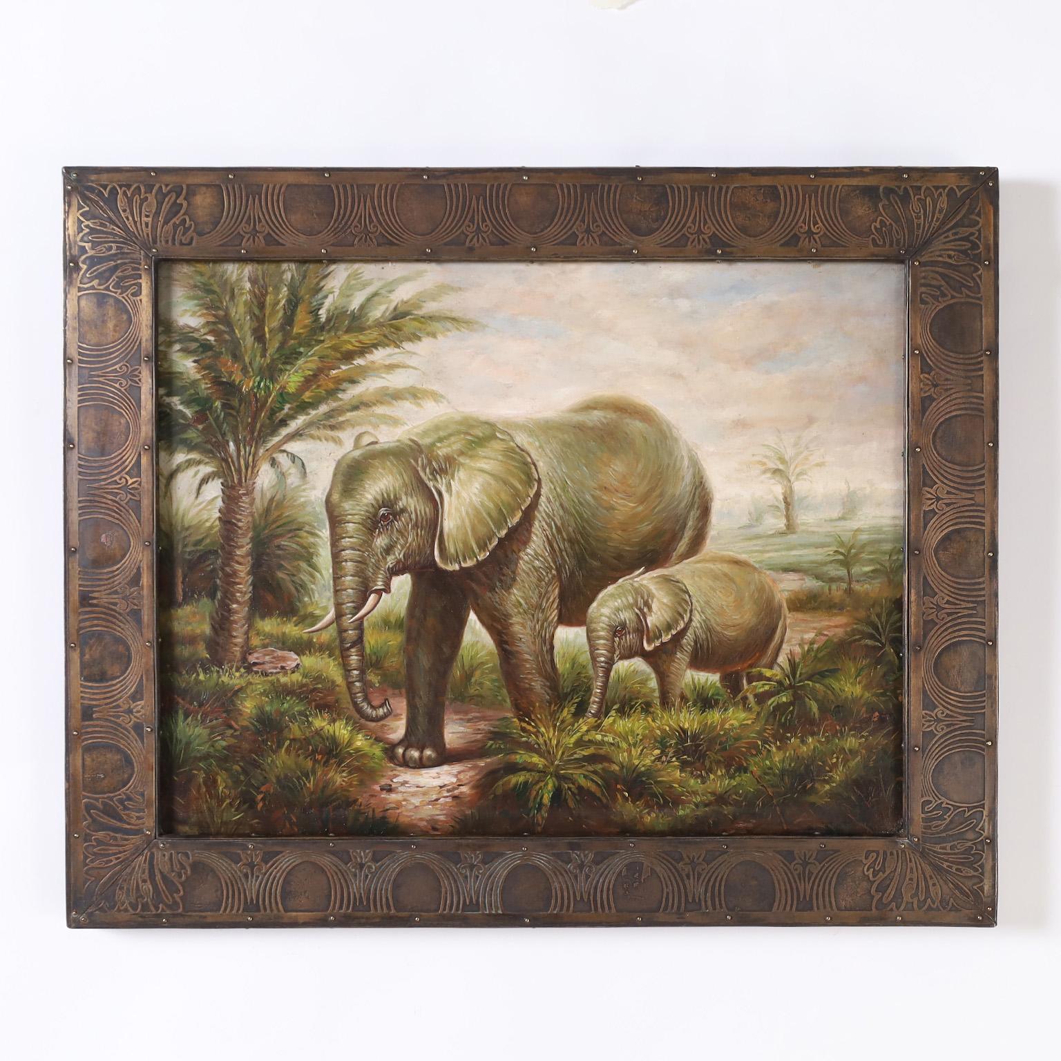 Peinture à l'huile d'éléphants africains par Maitland-Smith