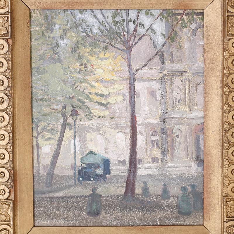 Pintura al óleo sobre tabla de una escena callejera de París - Painting de Unknown