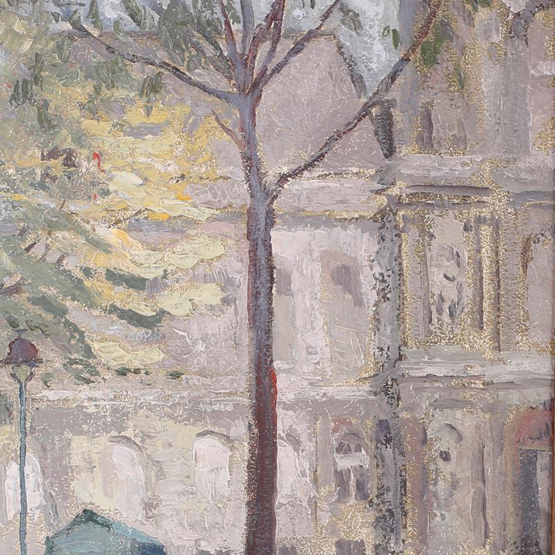 Pintura al óleo sobre tabla de una escena callejera de París - Landscape Painting Beige de Unknown