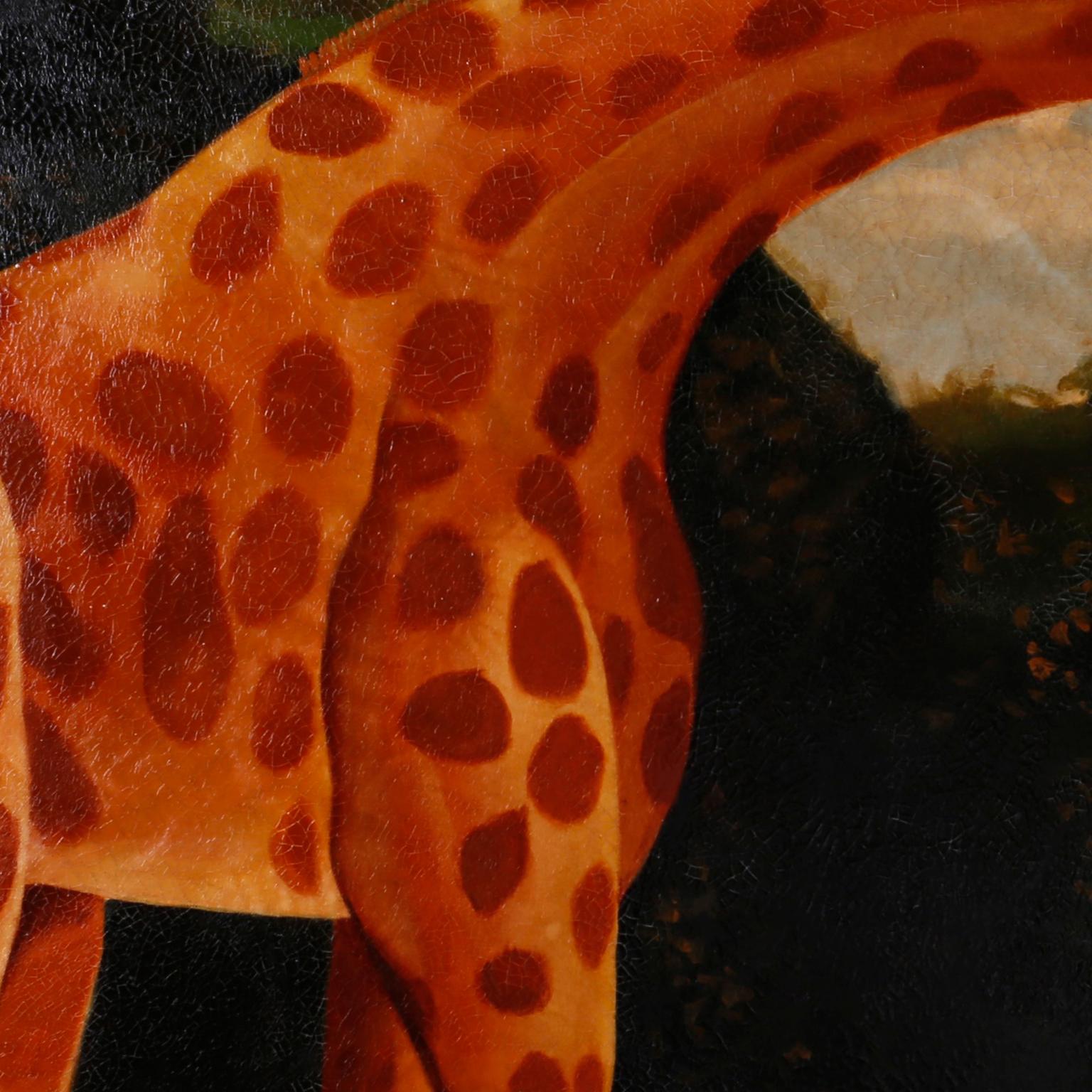 Large and amusing oil painting on canvas of a giraffe and caretaker in an outdoor wooded scene. With a tongue and cheek nod to Victorian parlor paintings, this decorative piece has a contrived orientalist yet folk painting quality with an aged