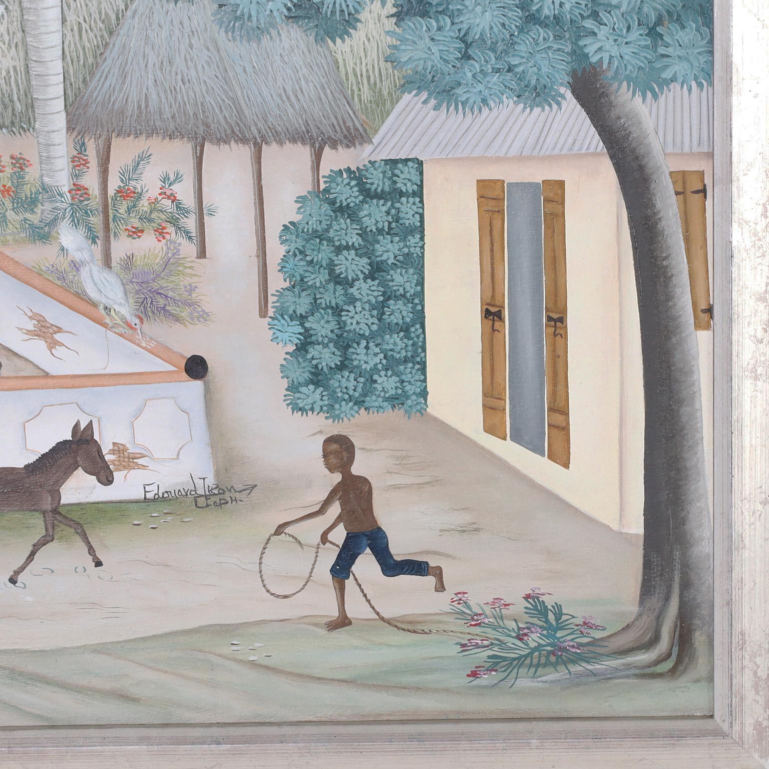 Charmante peinture à l'huile sur toile représentant un village haïtien serein avec des arbres, des fleurs, des oiseaux et des figures ludiques dans un style folklorique naïf. Signé par le célèbre artiste Edouard Tran et présenté dans un cadre en
