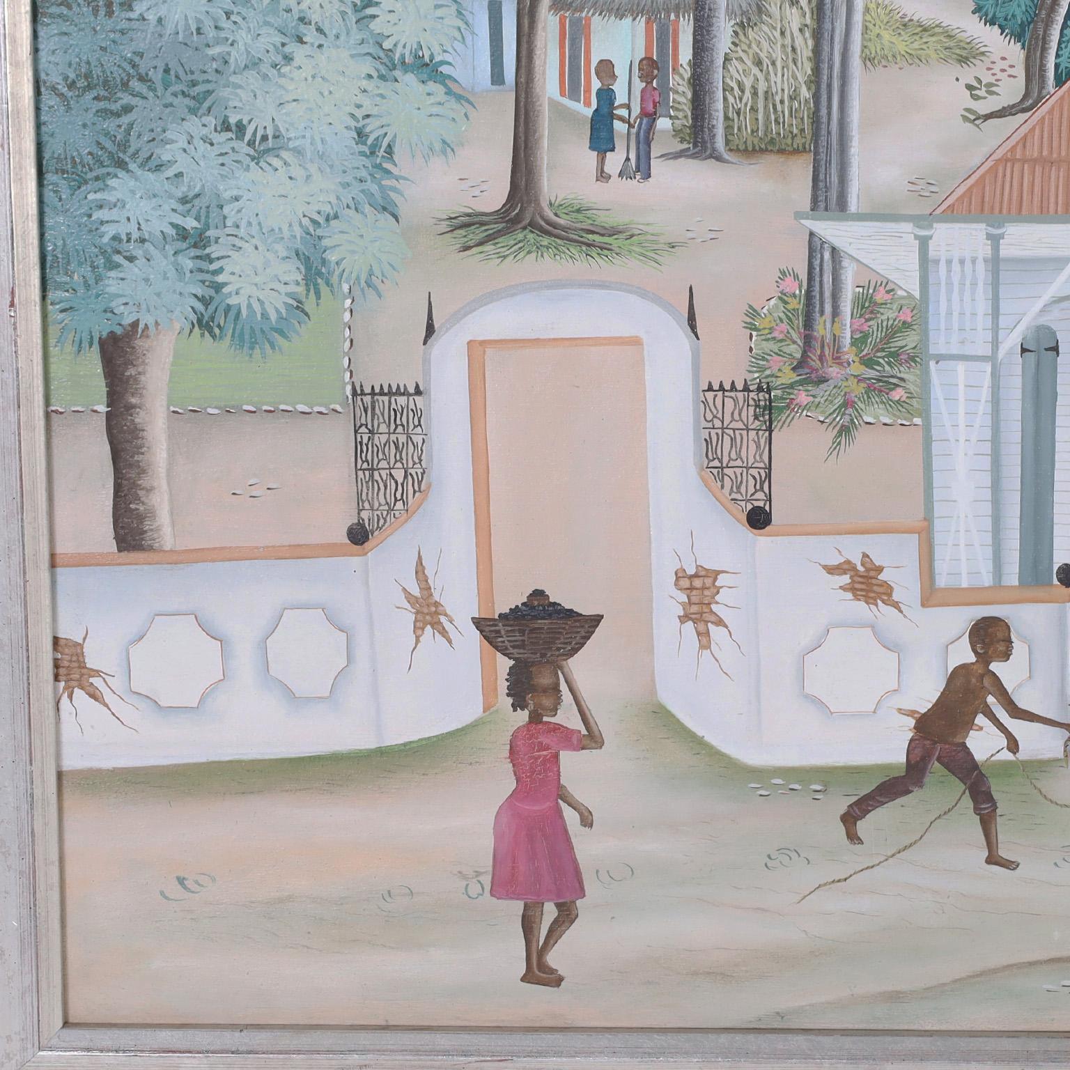 Peinture à l'huile sur toile d'un village haïtien par Edouard Tran en vente 1