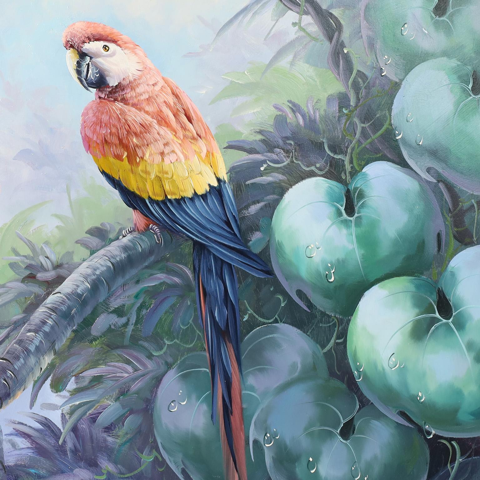 Striking oil painting on canvas of three parrots in a natural rain forest setting executed with hyper realism technique. Signed by noted American artist Andre Lange and presented in a faux bamboo gilt wood frame.