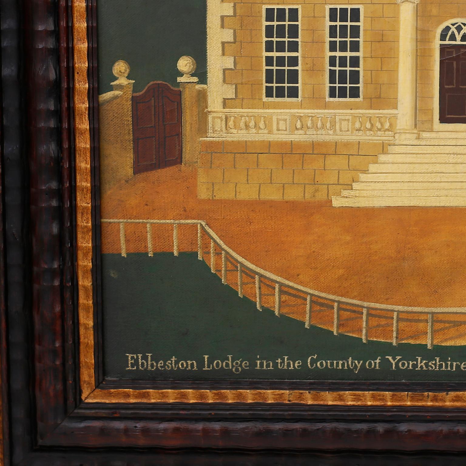 Architectural oil painting on canvas of the Ebbeston Lodge in the county of Yorkshire by Dan Dunton, executed in a rustic naive style and presented in a carved wood frame.