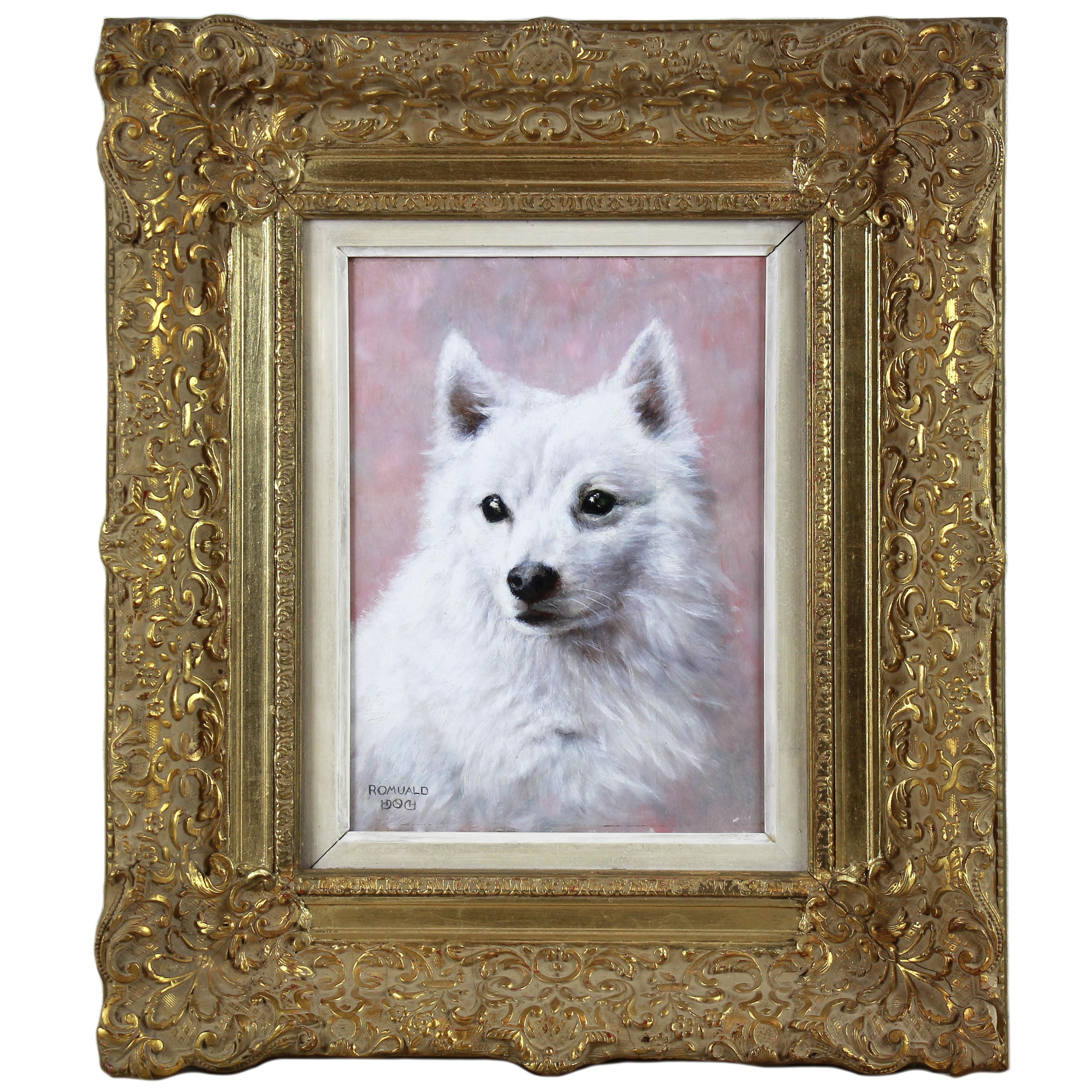 Dipinto a olio su tavola con ritratto di un cane Eskimo americano del 20° secolo.