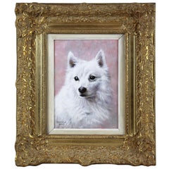 Oil painting on panel portrait of an American eskimo dog 20Th c.