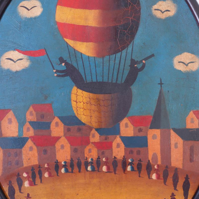 Peinture à l'huile sur étain d'un ballon d'air de Jean Carrau - Painting de Unknown