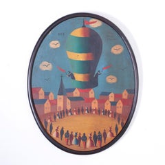Antique Oil Painting on Tin of an Air Balloon by Jean Carrau