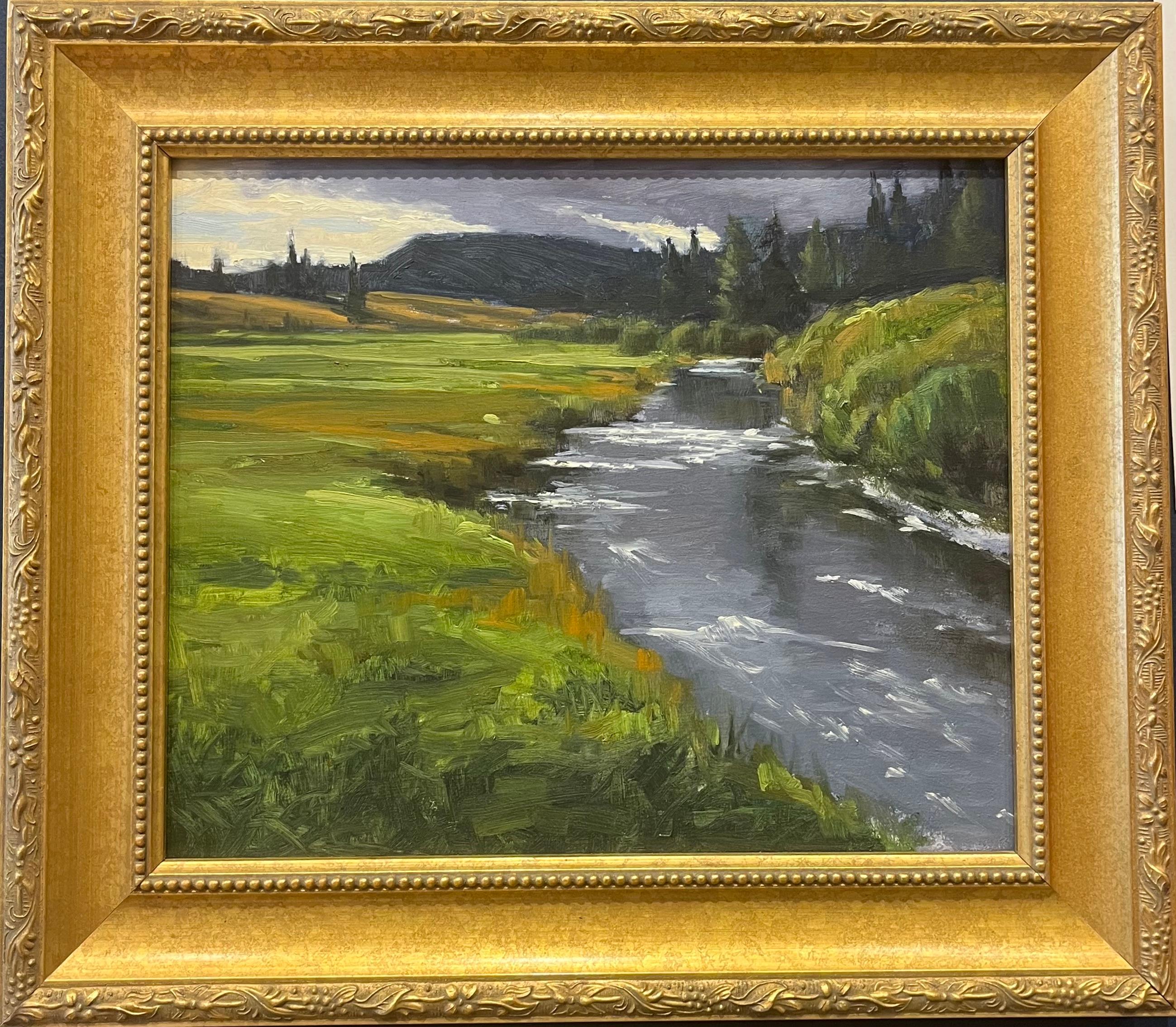 Paysage de rivière et de montagne à l'huile 