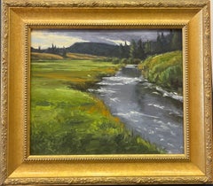 Vintage Oil River and Mountain Landscape 