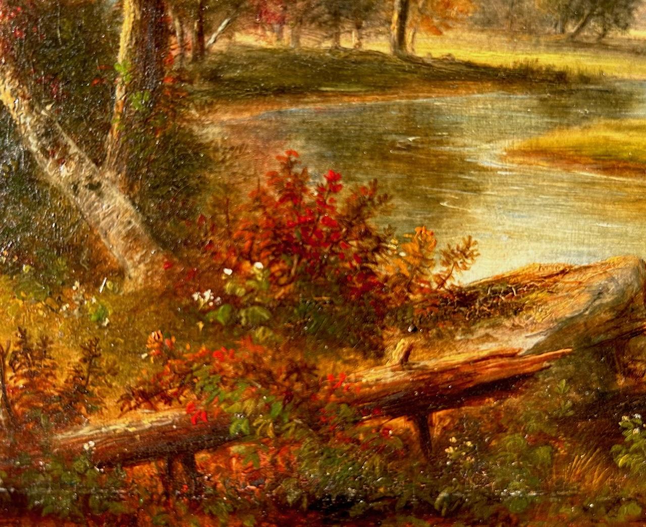 Questo dipinto di paesaggio fluviale della Scuola Americana del XIX secolo, opera di un artista sconosciuto, incarna l'essenza della venerazione dell'epoca per la natura e la nascente identità nazionale. Queste opere riflettono spesso le influenze