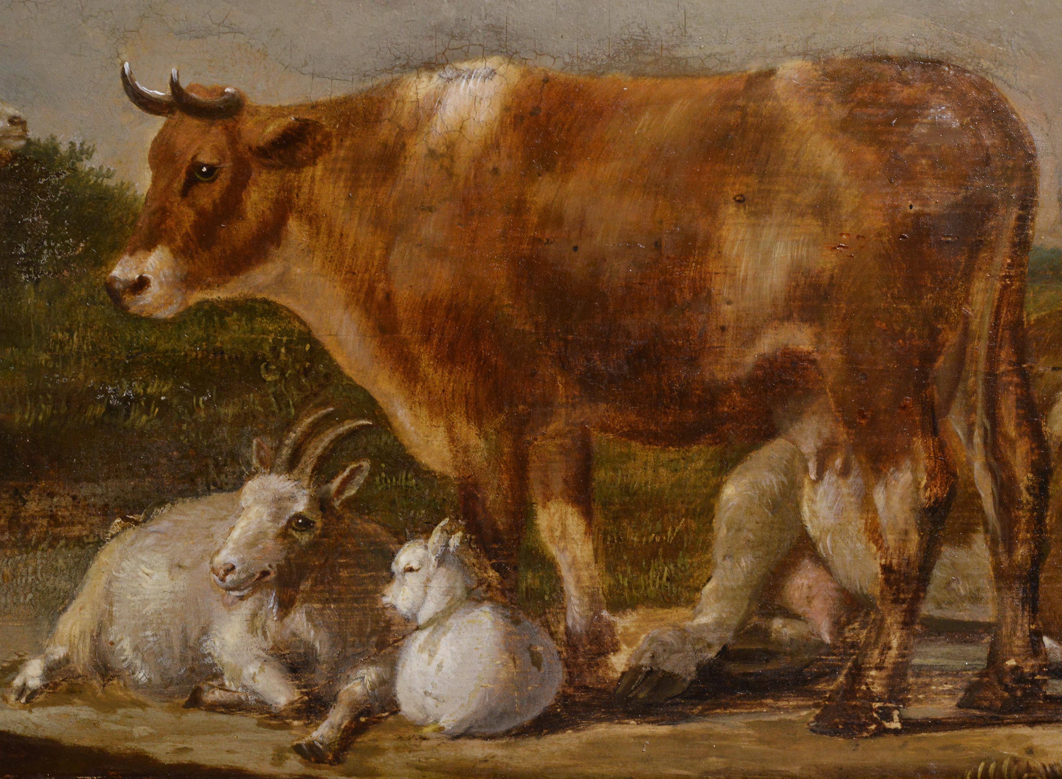 Antiguo paisaje pastoral barroco Pintura al óleo del siglo XVII del maestro holandés - Animal Painting Marrón de Unknown
