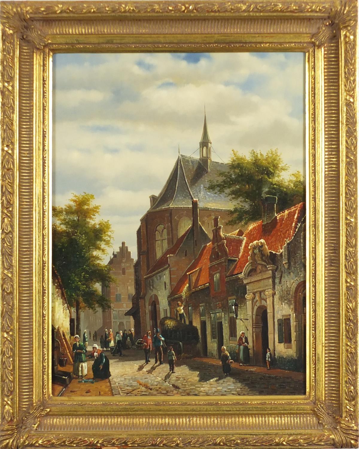 Old Dutch Street Scene Working Figures Cobbled Streets Signed Oil Painting