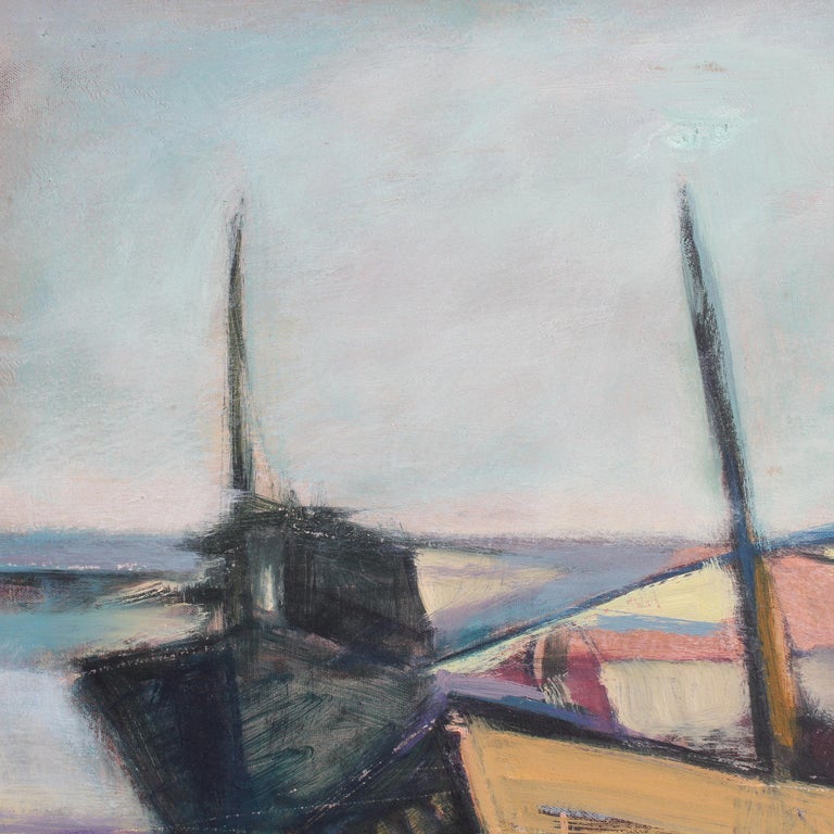 'Old Fishing Boat', oil on canvas, Italian Tuscan School, (1972). Glimmering reflections on the water outline the hull of an old fishing boat in the porto vecchio in Livorno, on the Tuscan coast. The reflections take form as geometric shapes with