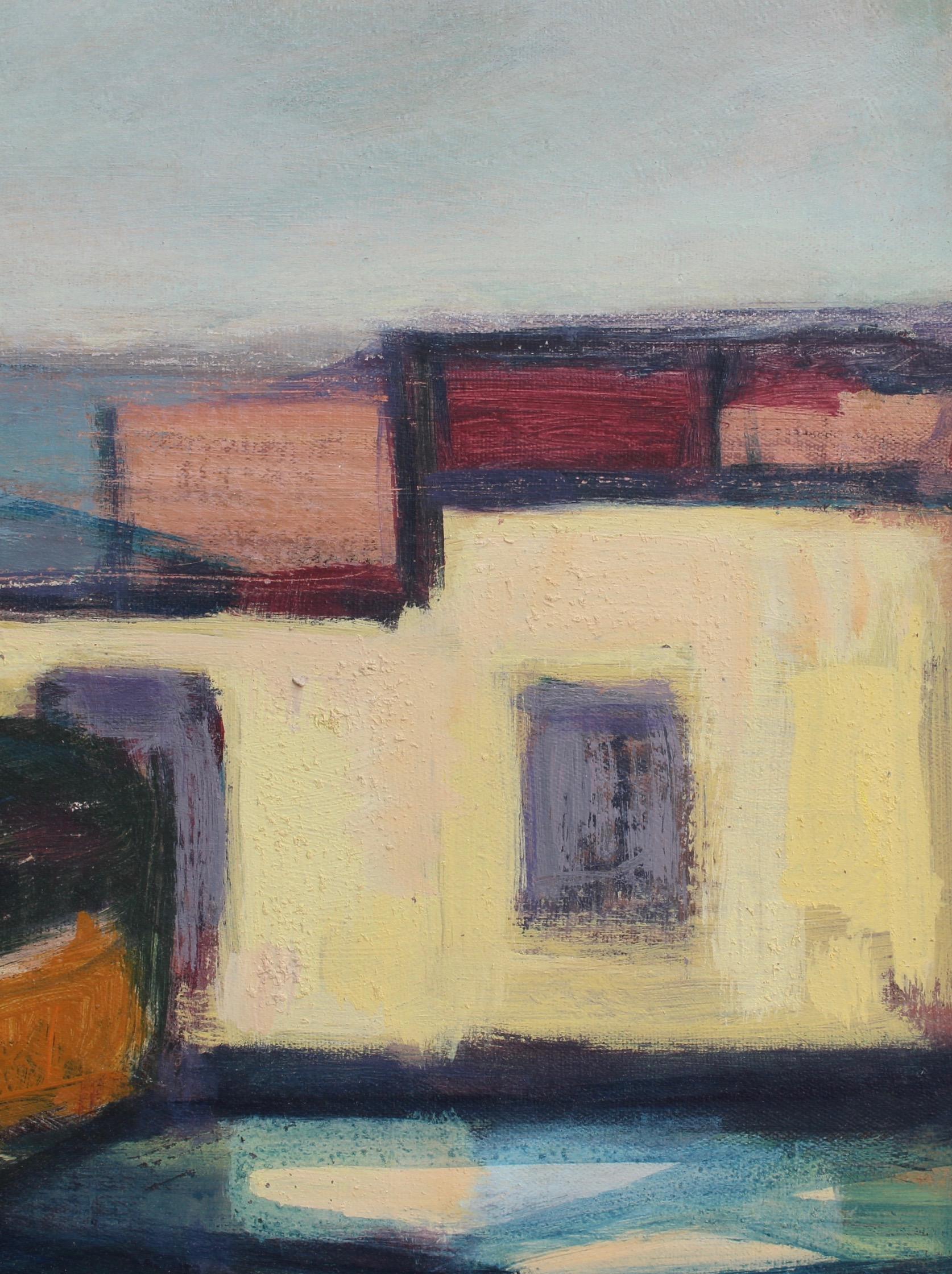 'Old Fishing Boat', oil on canvas, Italian Tuscan School, (1972). Glimmering reflections on the water outline the hull of an old fishing boat in the porto vecchio in Livorno, on the Tuscan coast. The reflections take form as geometric shapes with