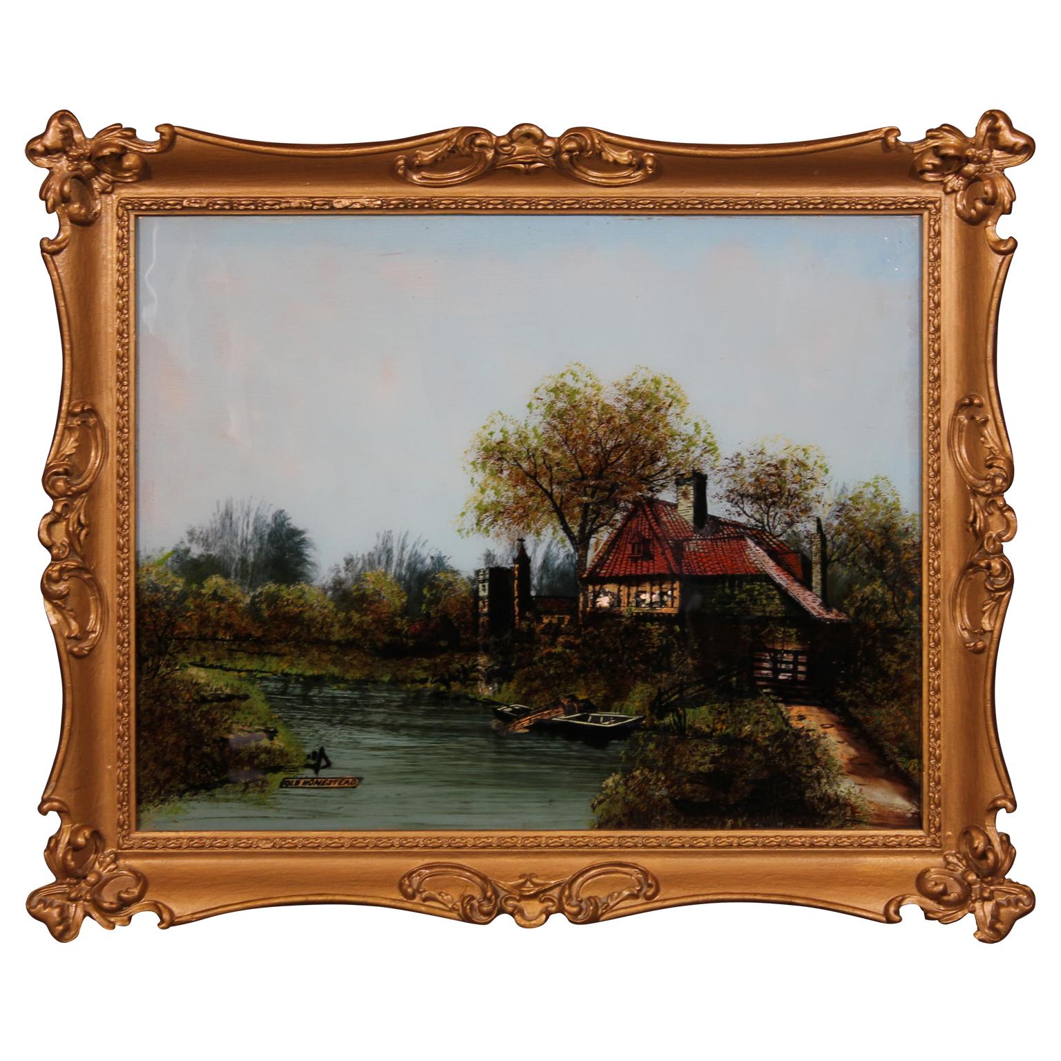 "Old Homestead" Reverse Glass Landscape Painting of a River