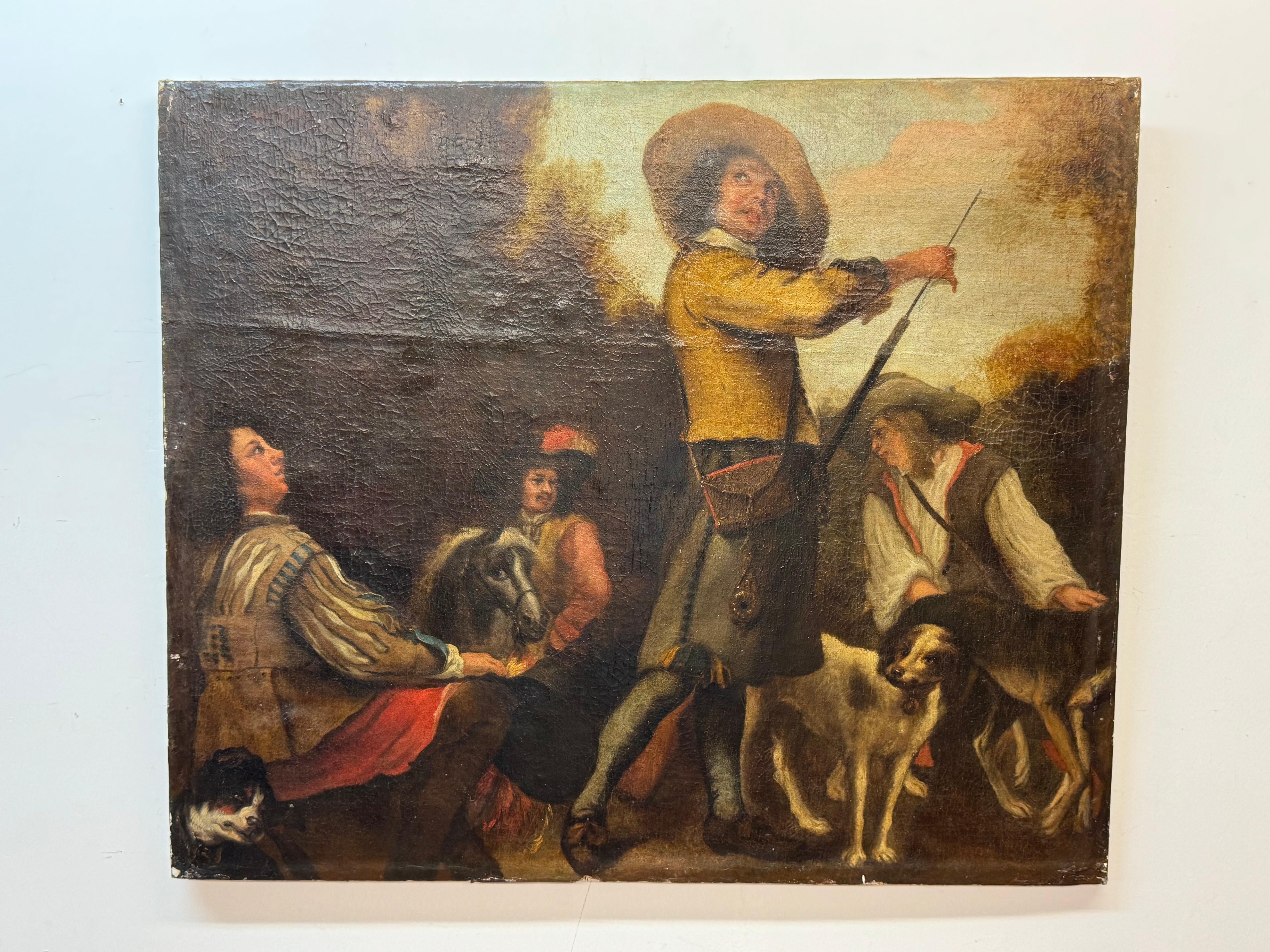 Unknown Figurative Painting - Old master landscape of musketeers/Huntsman gathered with their dogs and horses
