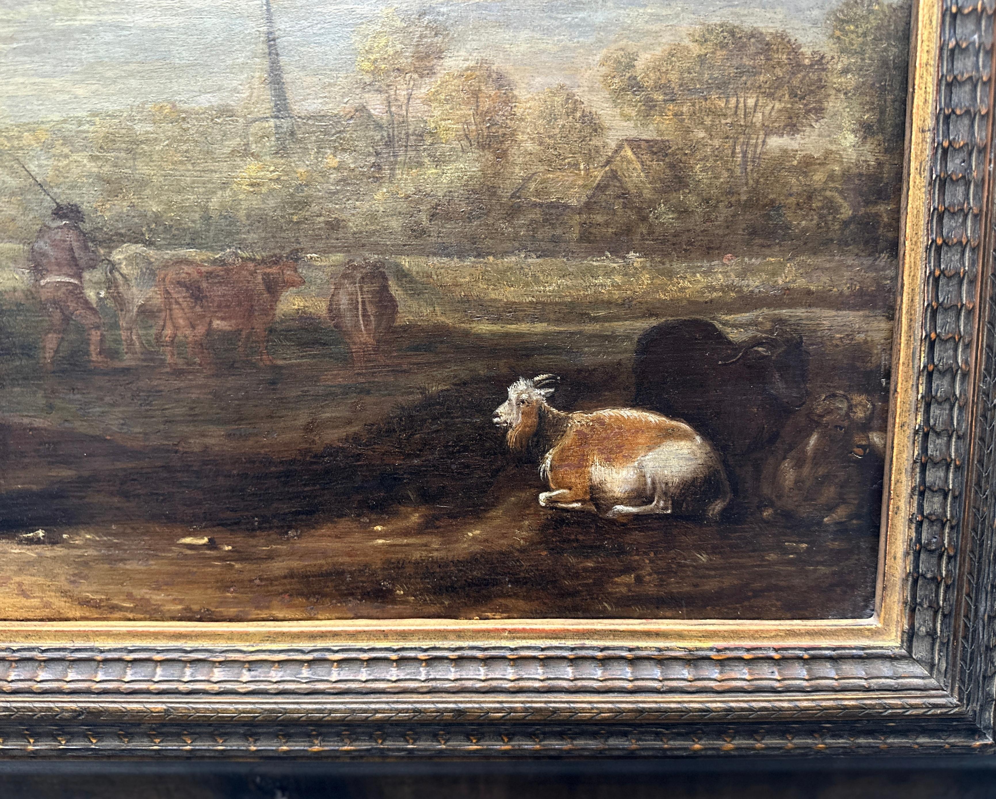 Maître hollandais
17ème siècle

Fermier au puits avec chèvres et vaches

Huile sur bois
Taille : environ 48 x 63 cm
Cadre : 68 x 83 cm
Etat lié à l'âge, restaurations anciennes (voir photos)
Visite et collecte possibles sur rendez-vous.
Authenticité