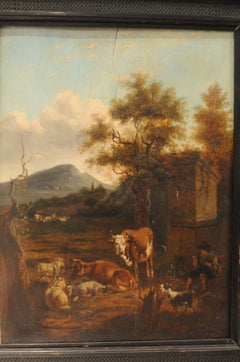 Old Master painting around 1750, landscape with grazing animals, Oil on wood