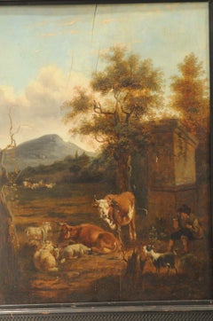 Old Master painting around 1750, landscape with grazing animals, Oil on wood