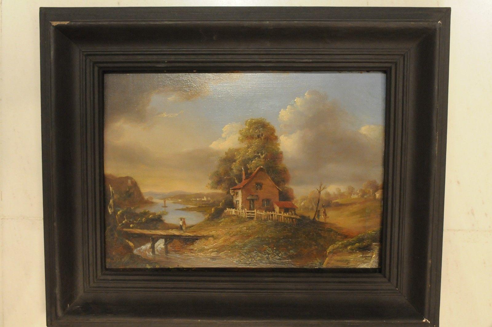 Old Master painting around 1750. River landscape with house and bridge - Painting by Unknown