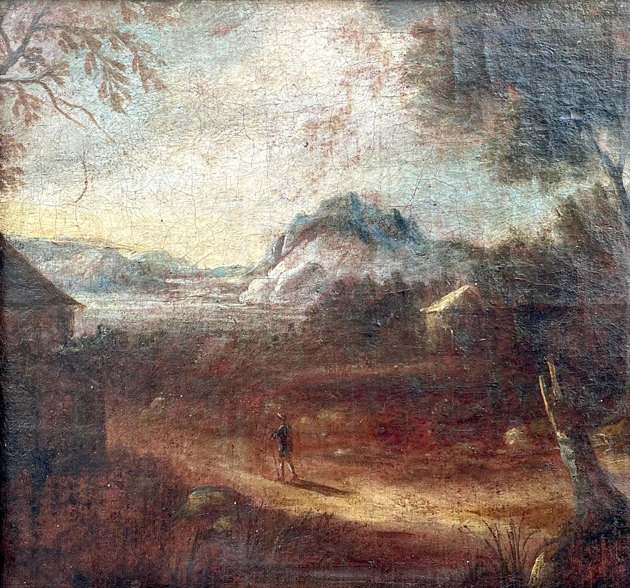 Old master style wide antique landscape with mountains and figure painting 1800s - Painting by Unknown