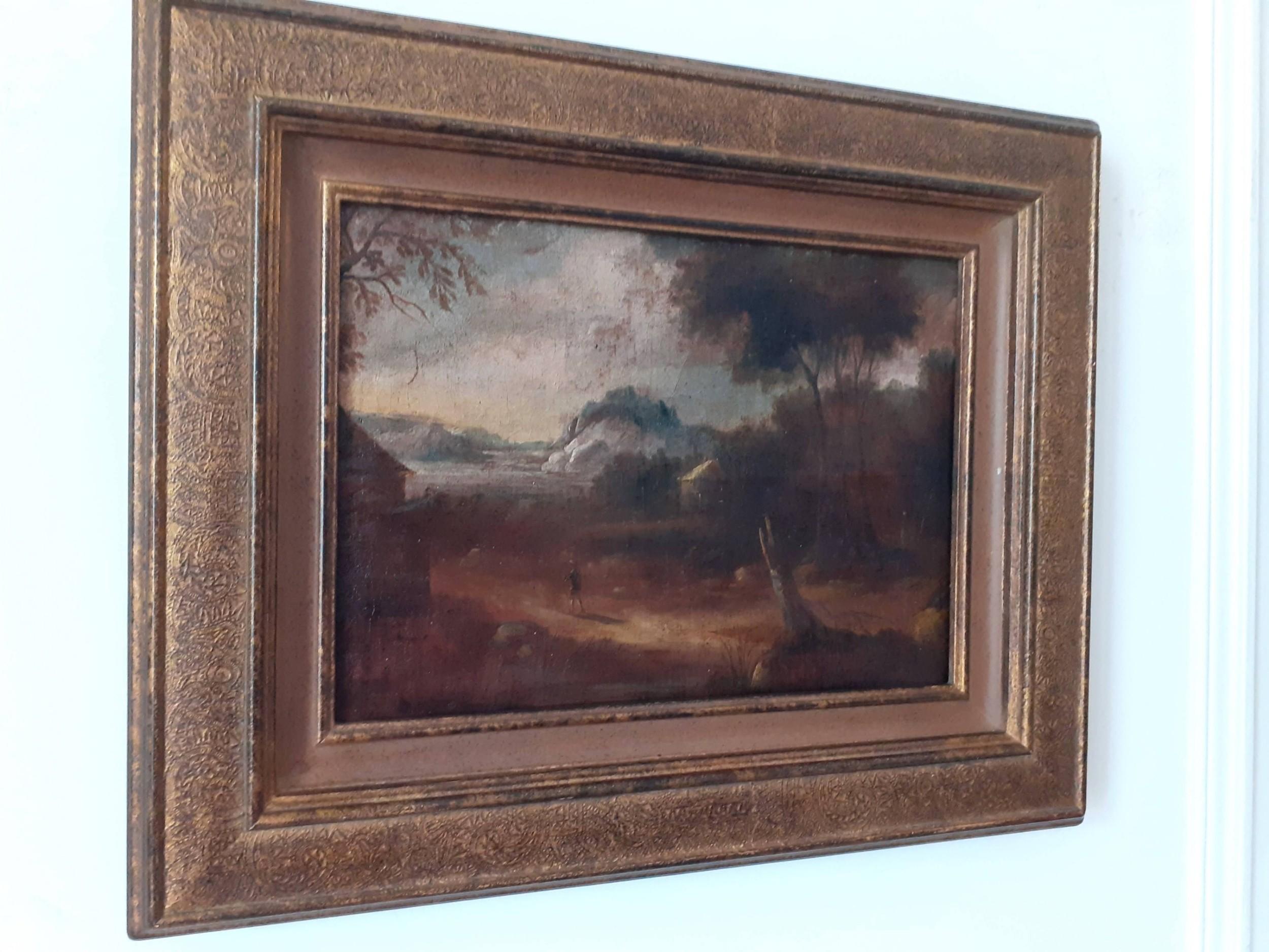 Old master style wide antique landscape with mountains and figure painting 1800s - Brown Figurative Painting by Unknown