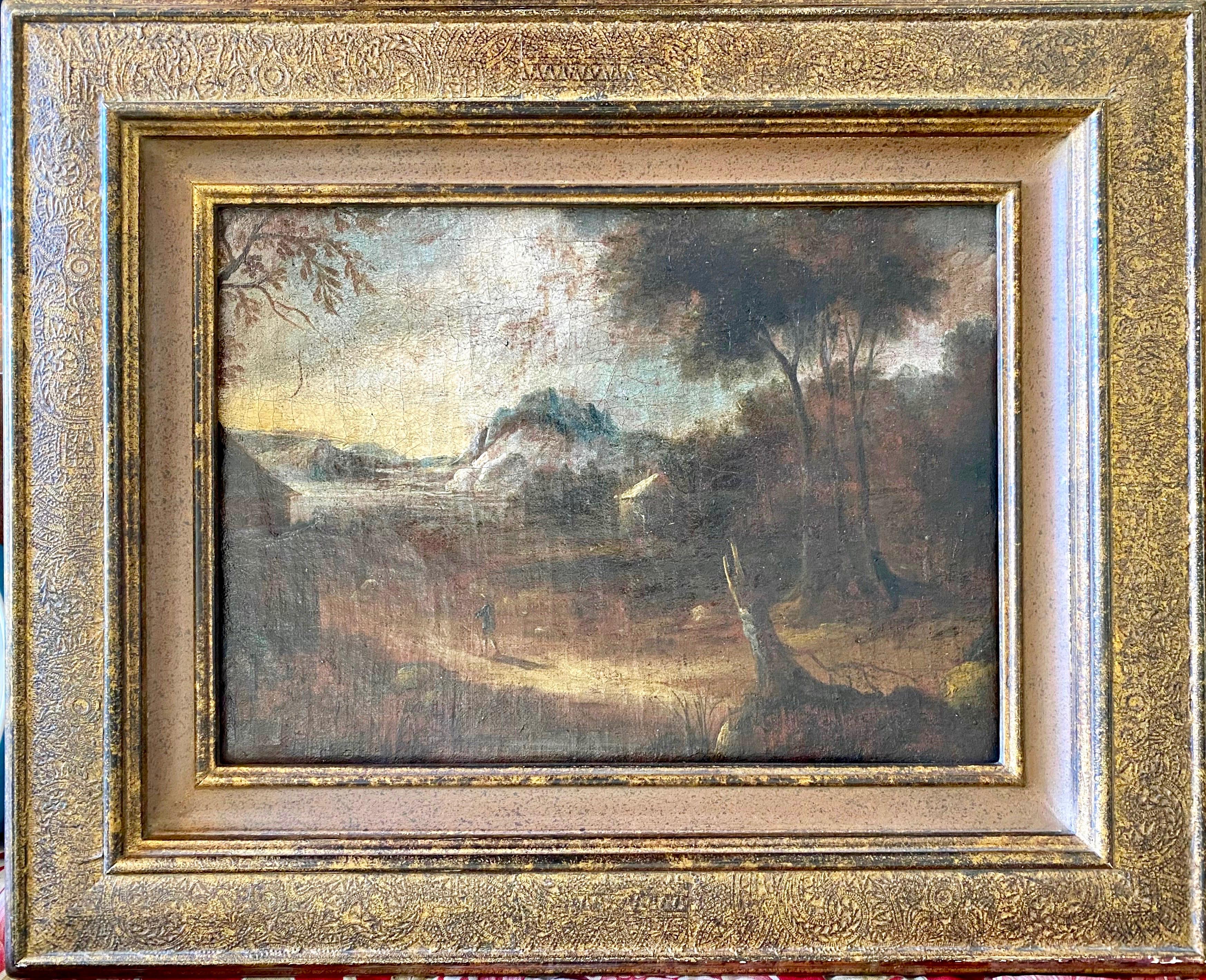 Old master style wide antique landscape with mountains and figure painting 1800s