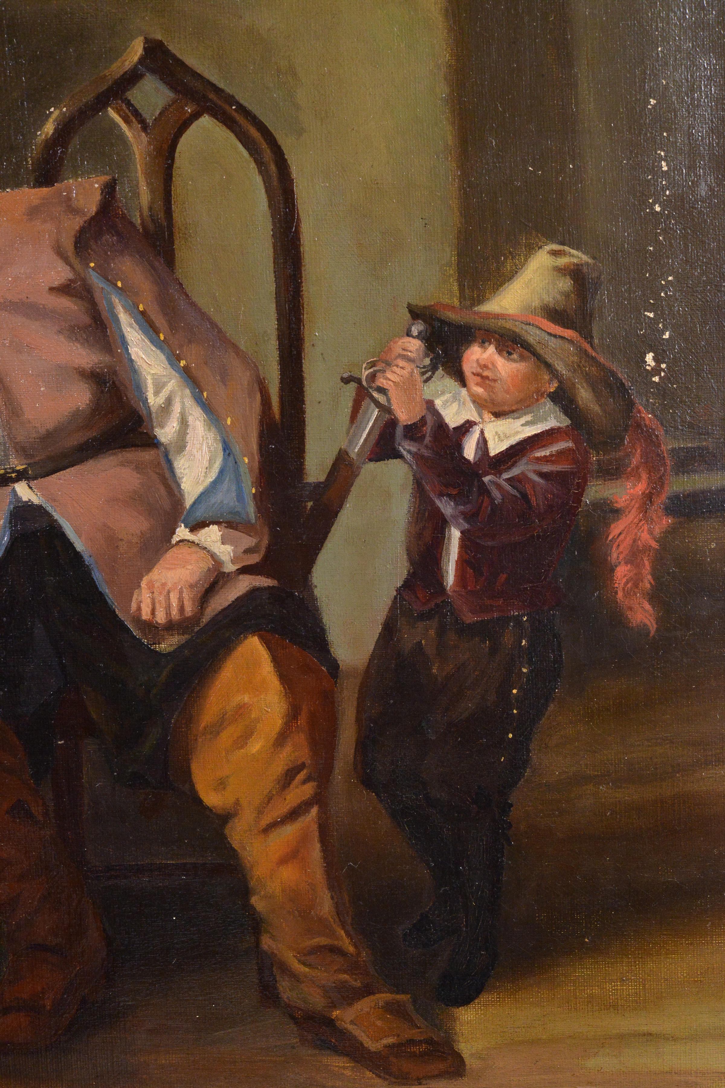Escena interior de casa de antaño con niño travieso Pintura al óleo de género del siglo XIX - Painting Realista de Unknown