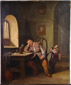 Old Times House Interior Scene with Naughty Boy 19th century Genre Oil Painting