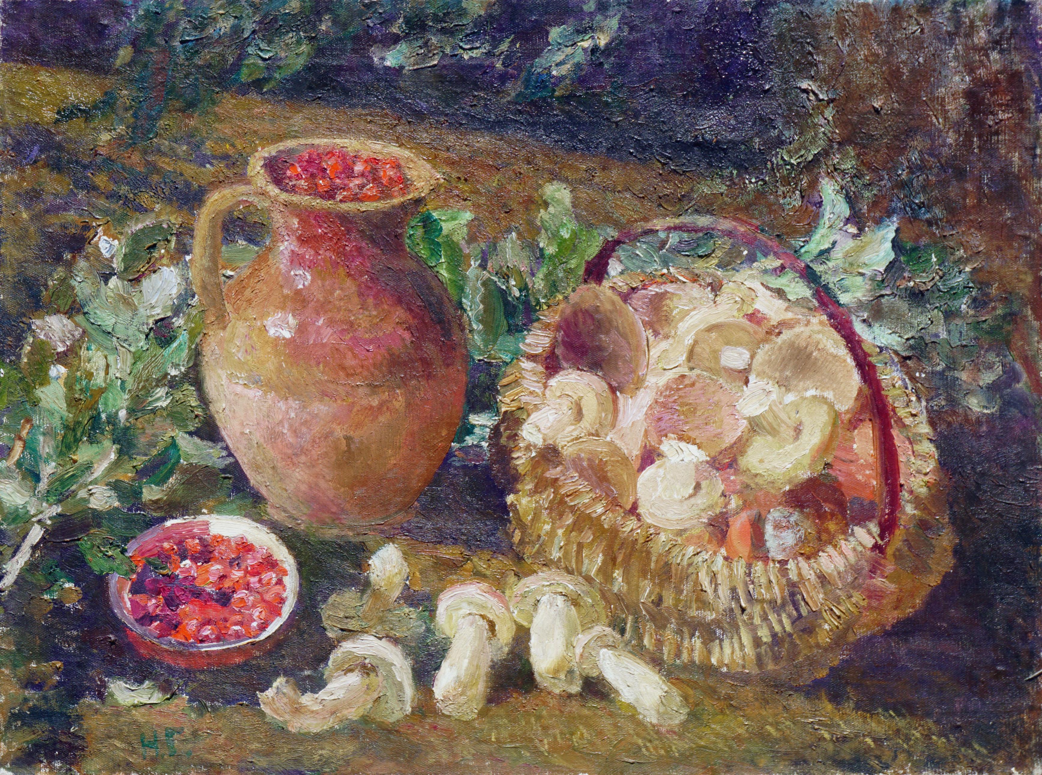 Unknown Still-Life Painting - Forager's Harvest -- Mid Century Still Life with Berries and Basket of Mushrooms