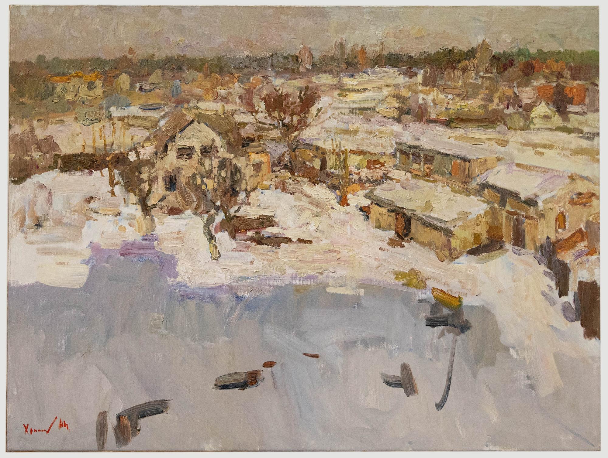 Landscape Painting di Unknown - Oleksandr Khrapachov (nato nel 1981) - Olio contemporaneo, Neve sulla città del lago
