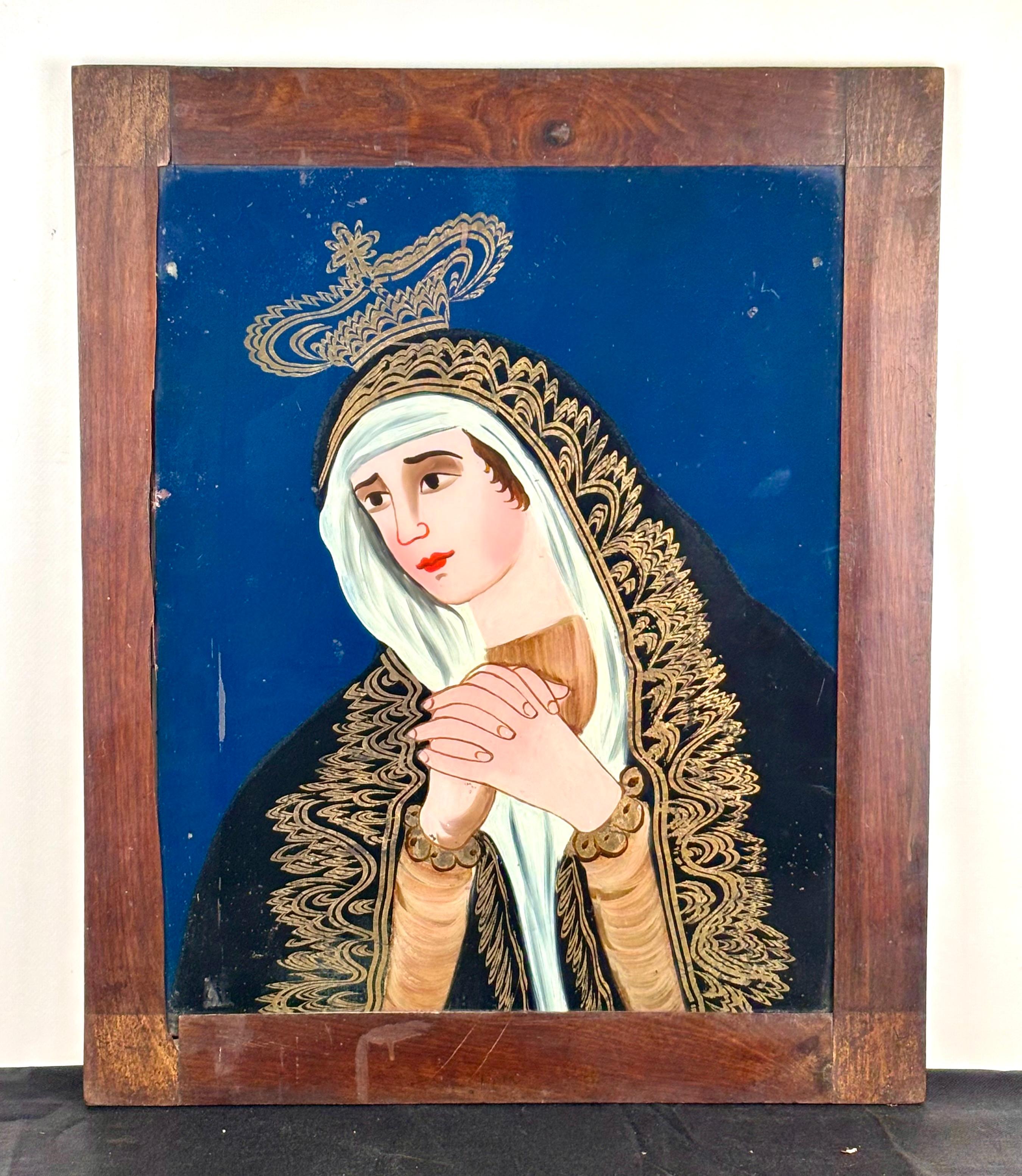 Óleo bajo cristal - Virgen Dolorosa - Arte popular (XIX) - Painting by Unknown