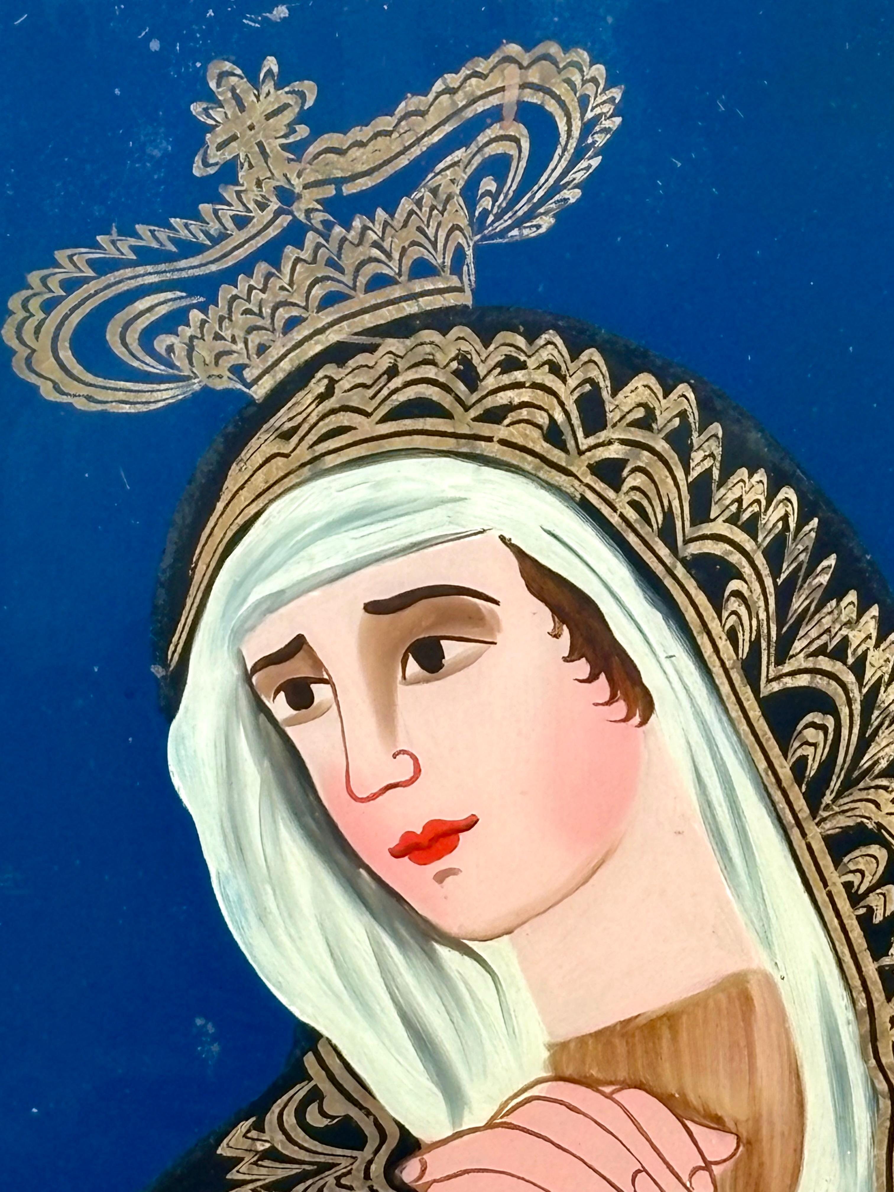 Óleo bajo cristal - Virgen Dolorosa - Arte popular (XIX) - Purple Figurative Painting by Unknown