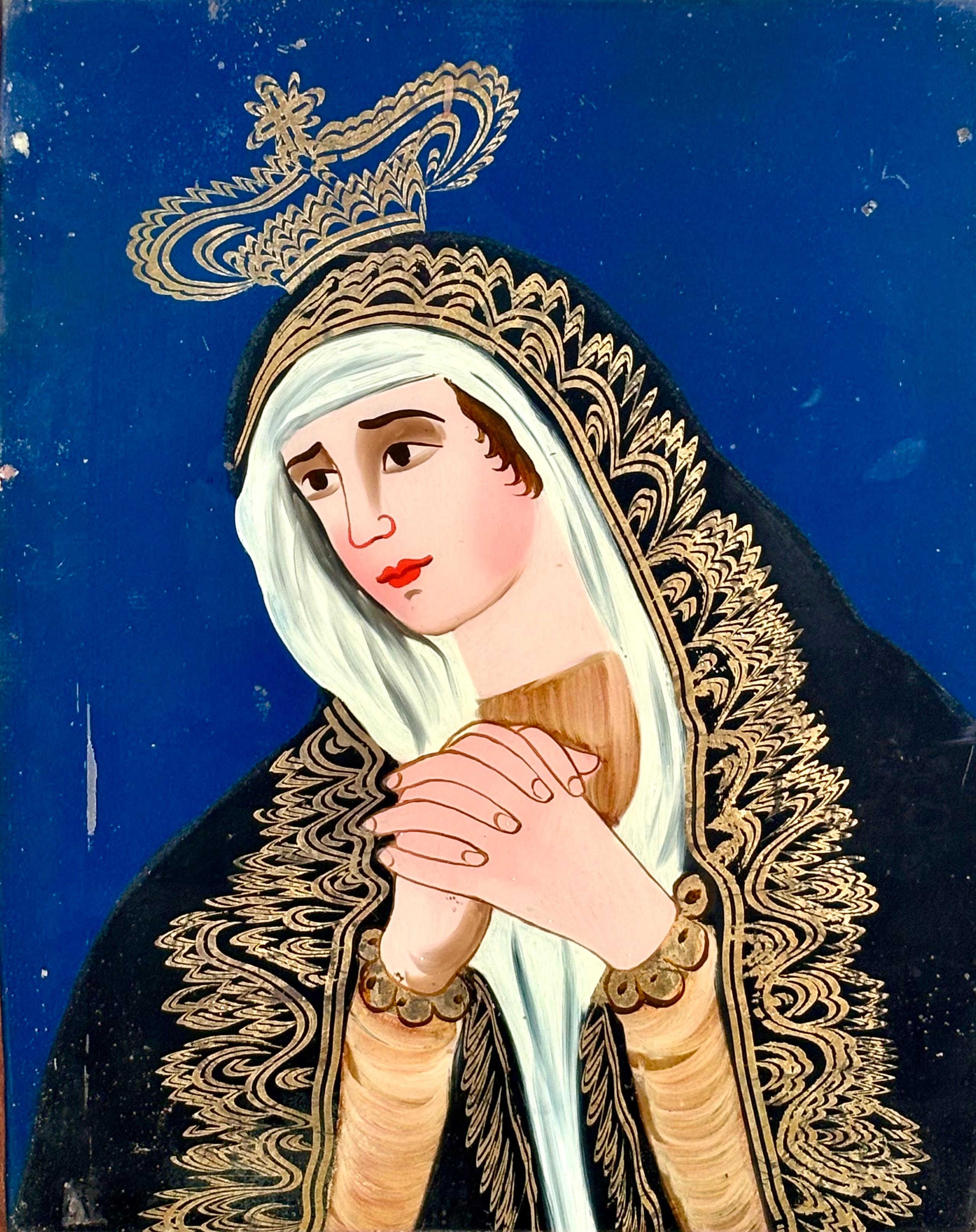 Unknown Figurative Painting - Óleo bajo cristal - Virgen Dolorosa - Arte popular (XIX)