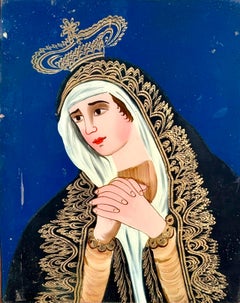 Óleo bajo cristal - Virgen Dolorosa - Arte popular (XIX)