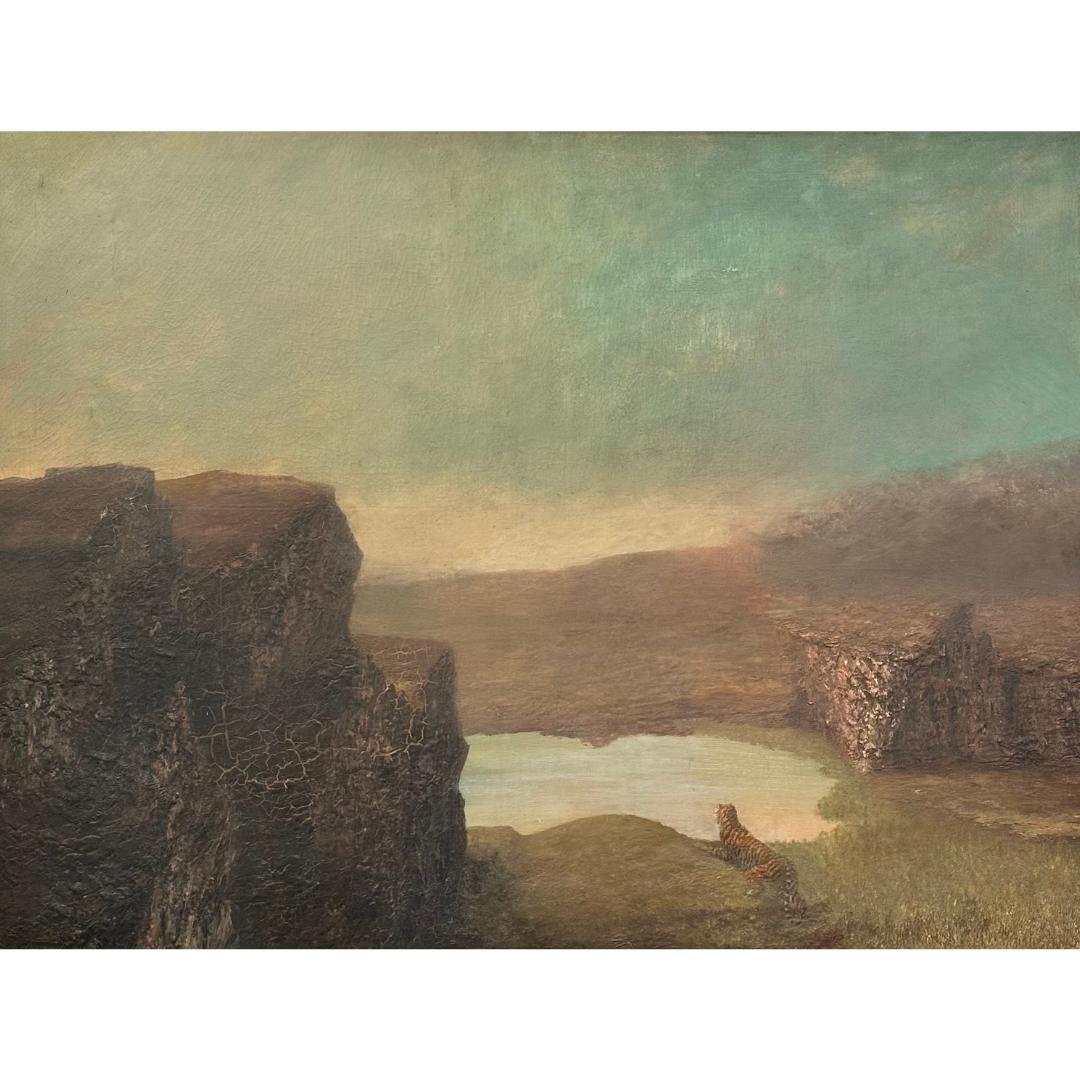 Oil on canvas English Romanticism Landscape with Tiger - Préraphaélite Painting par Unknown
