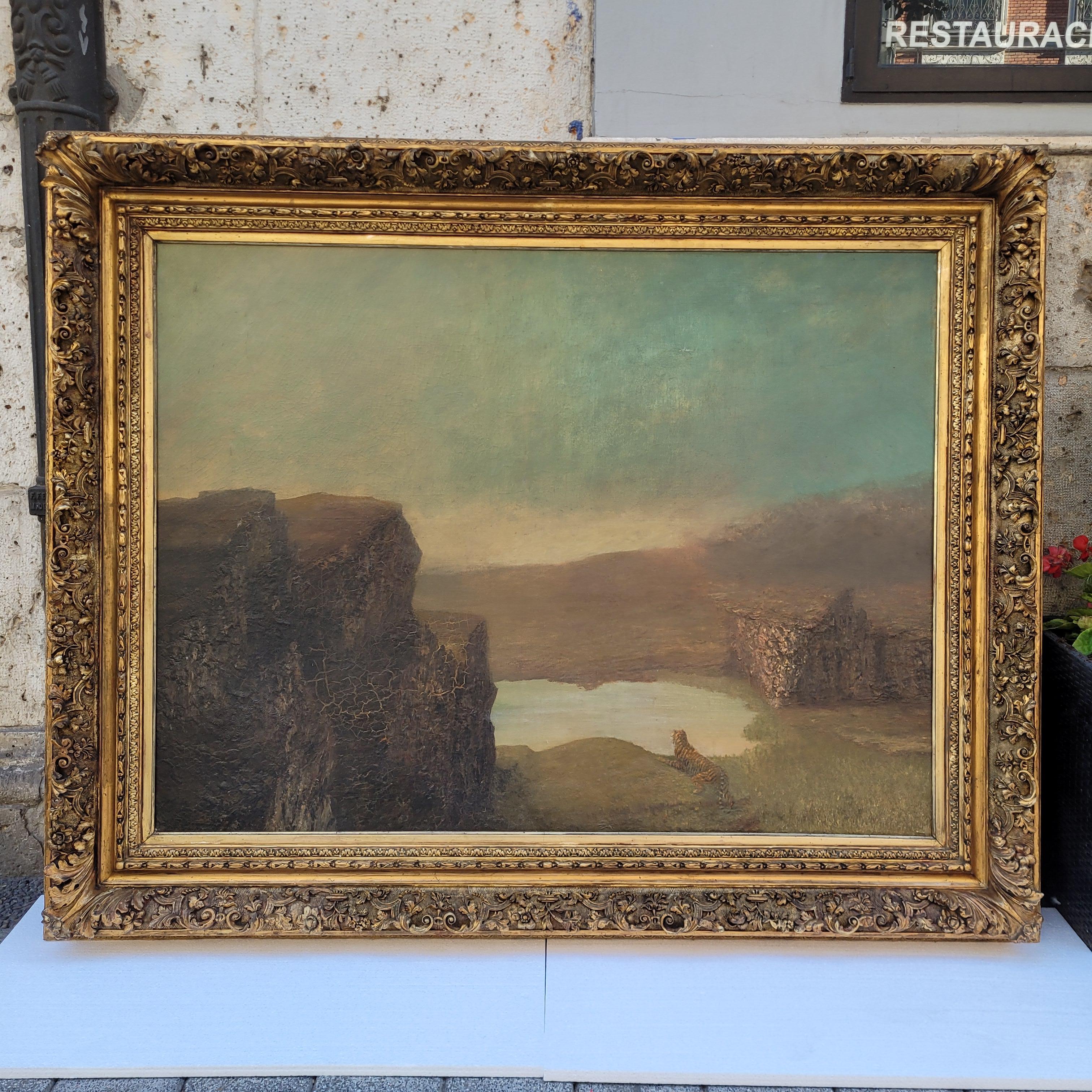 Oil on canvas English Romanticism Landscape with Tiger en vente 1