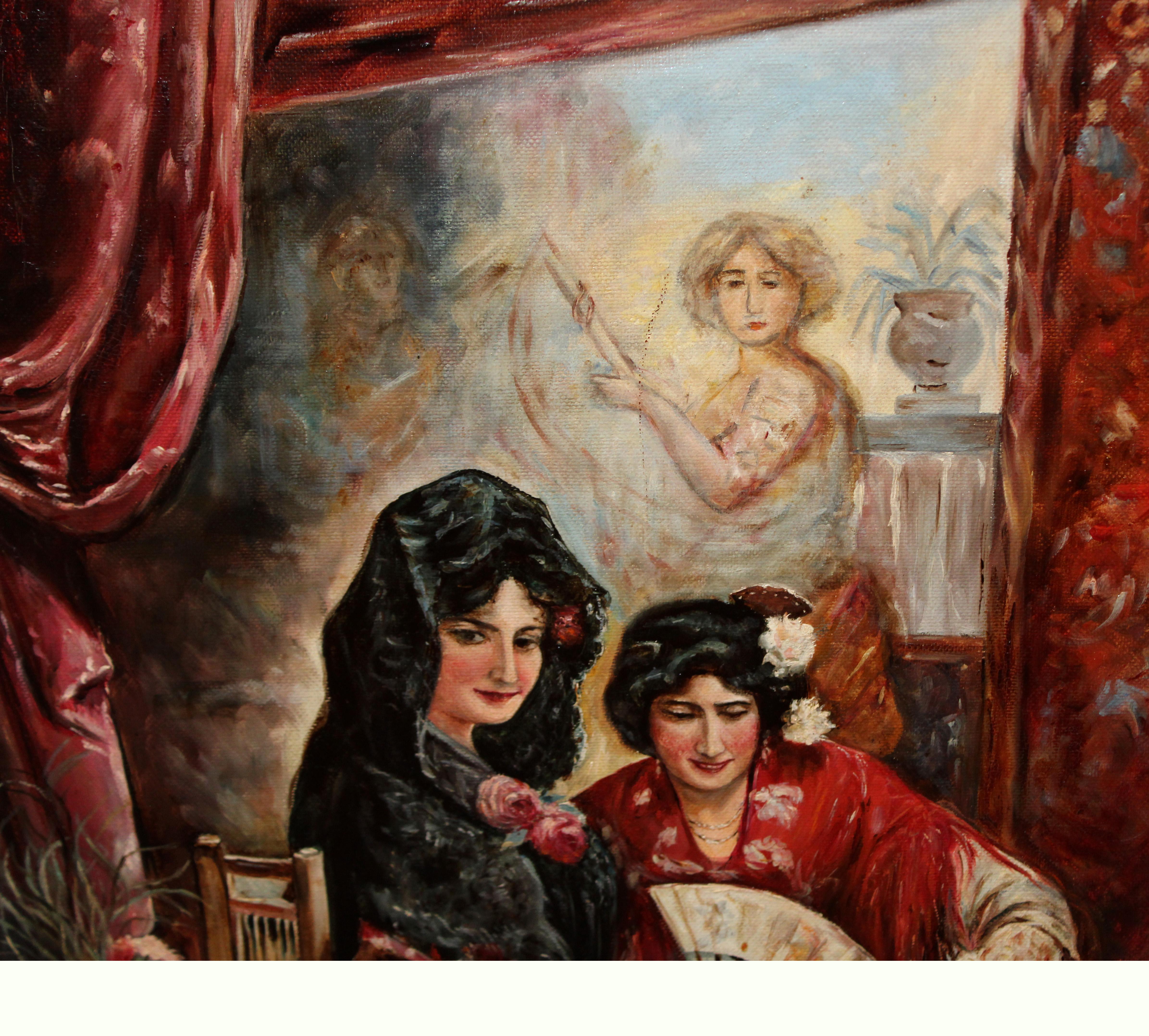 Óleo sobre tela - Damas en el palco (tras José Garcia Lara) - Brown Figurative Painting by Unknown