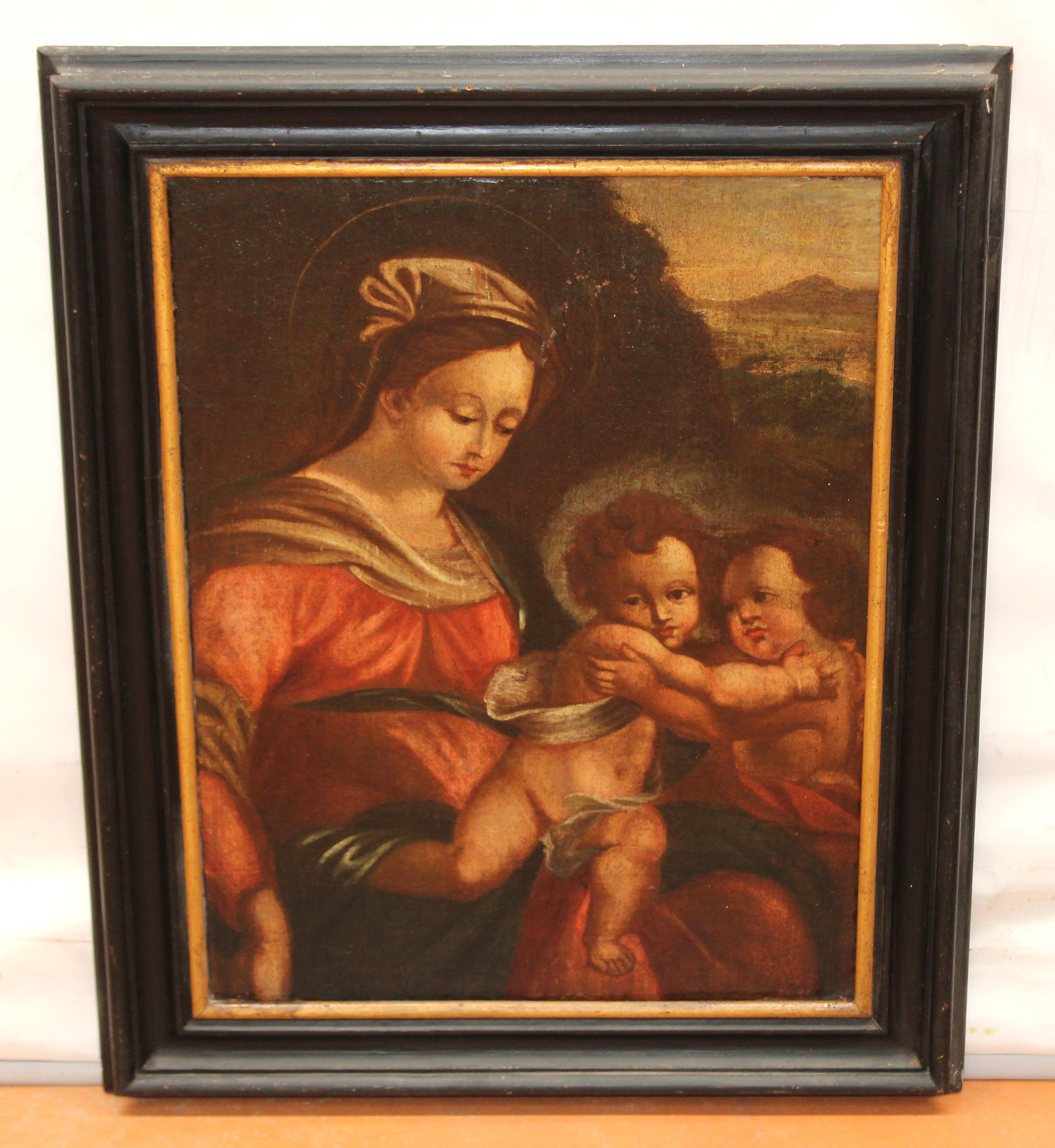 Óleo sobre tela - La virgen con el niño y san Juanito - Painting de Unknown