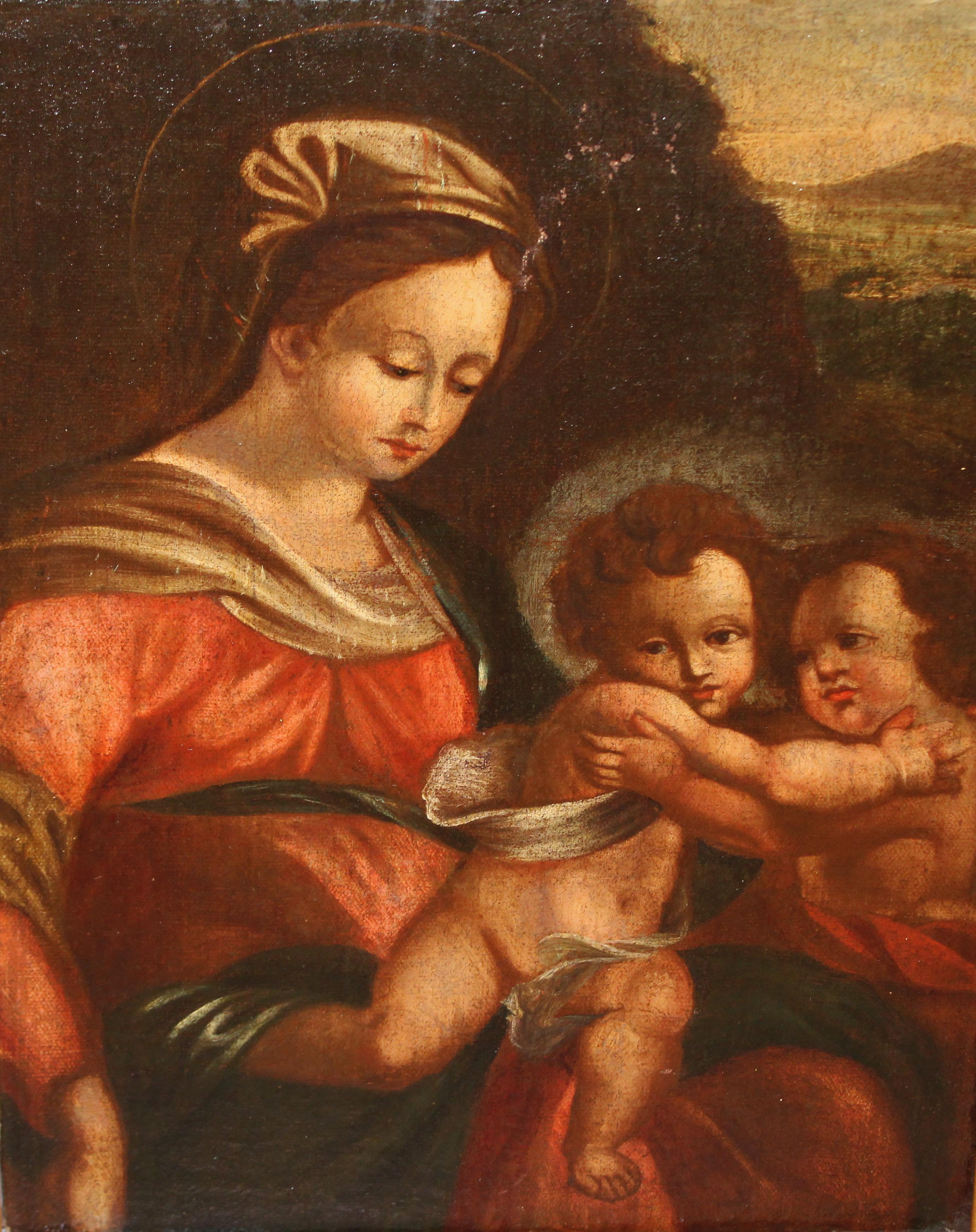 Óleo sobre tela - La virgen con el niño y san Juanito - Figurative Painting Marrón de Unknown