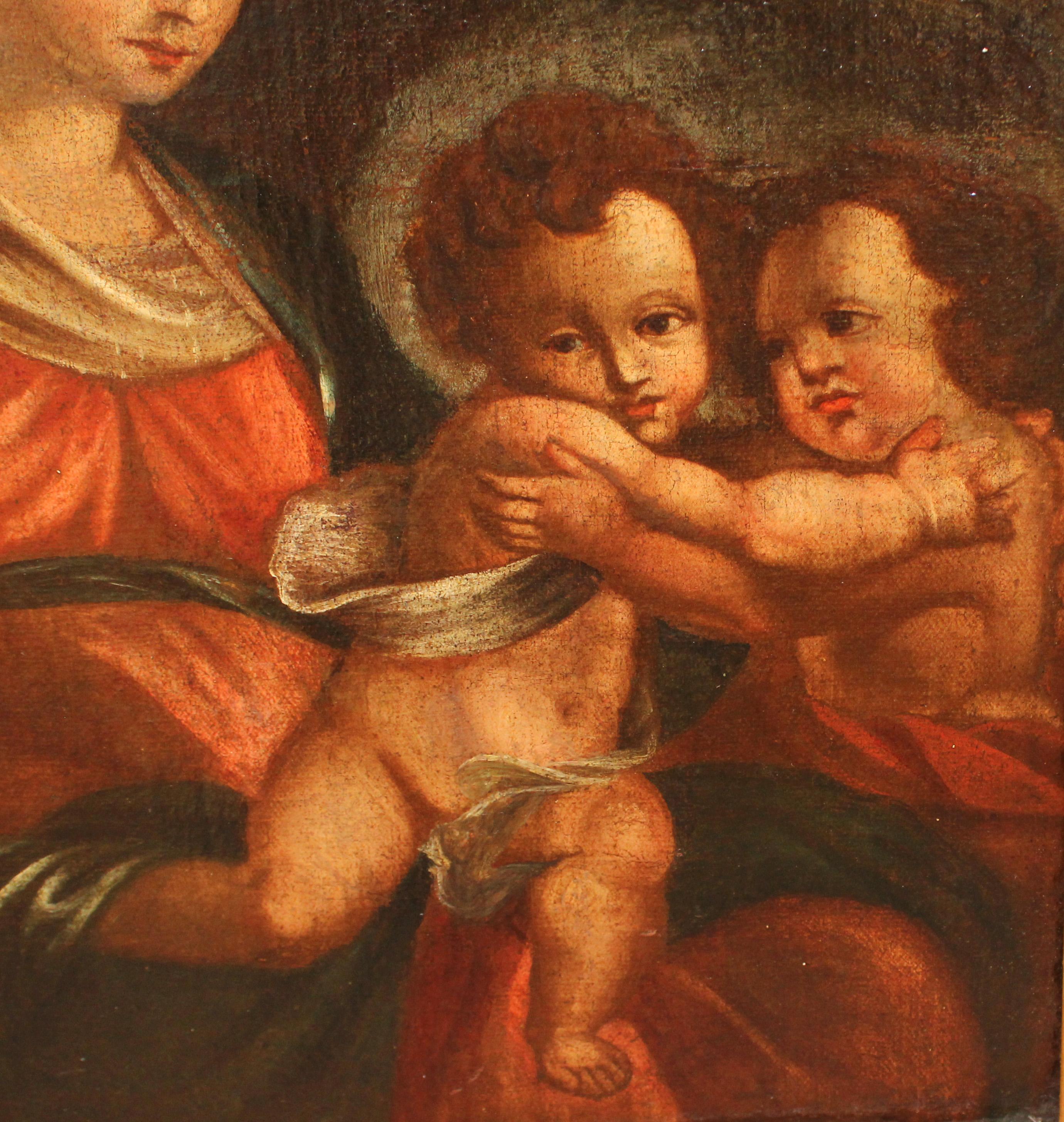 Óleo sobre tela - La virgen con el niño y san Juanito en venta 4