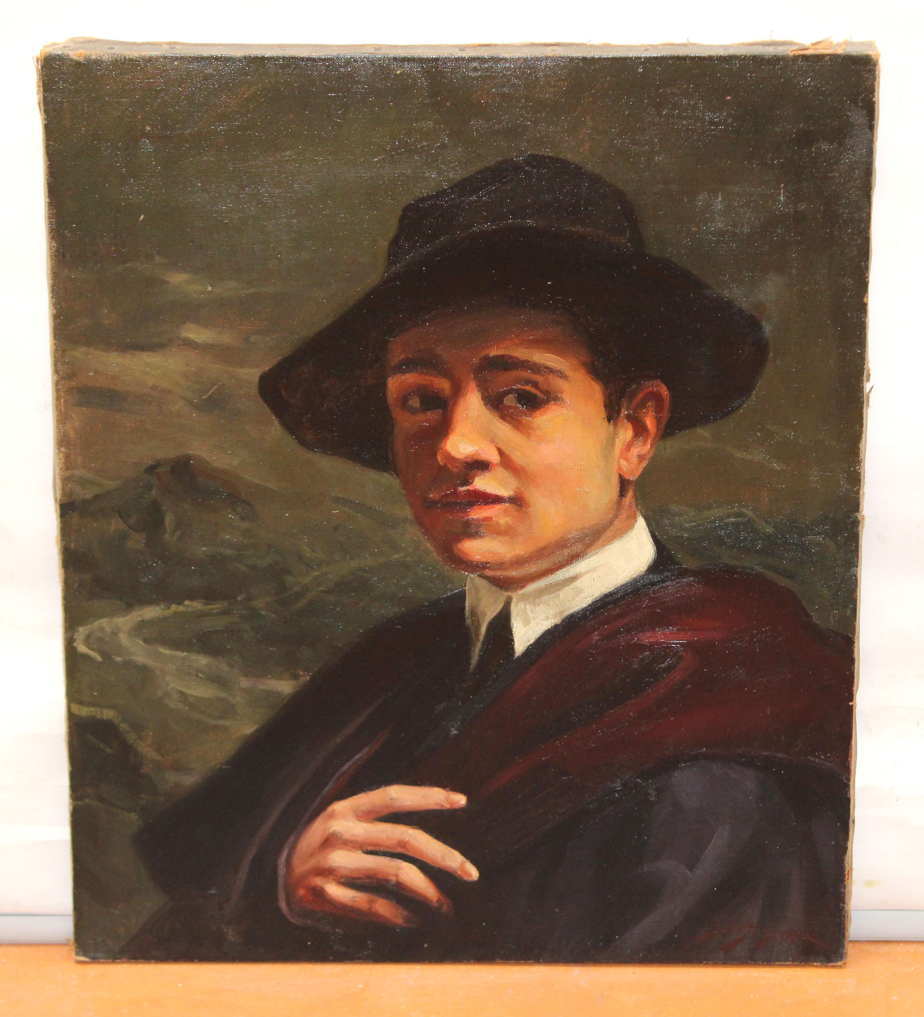 Óleo sobre tela - Retrato de caballero con sombrero - Painting by Unknown