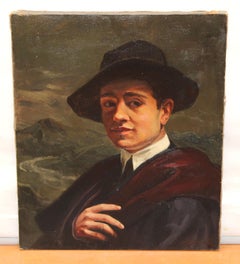 Óleo sobre tela - Retrato de caballero con sombrero