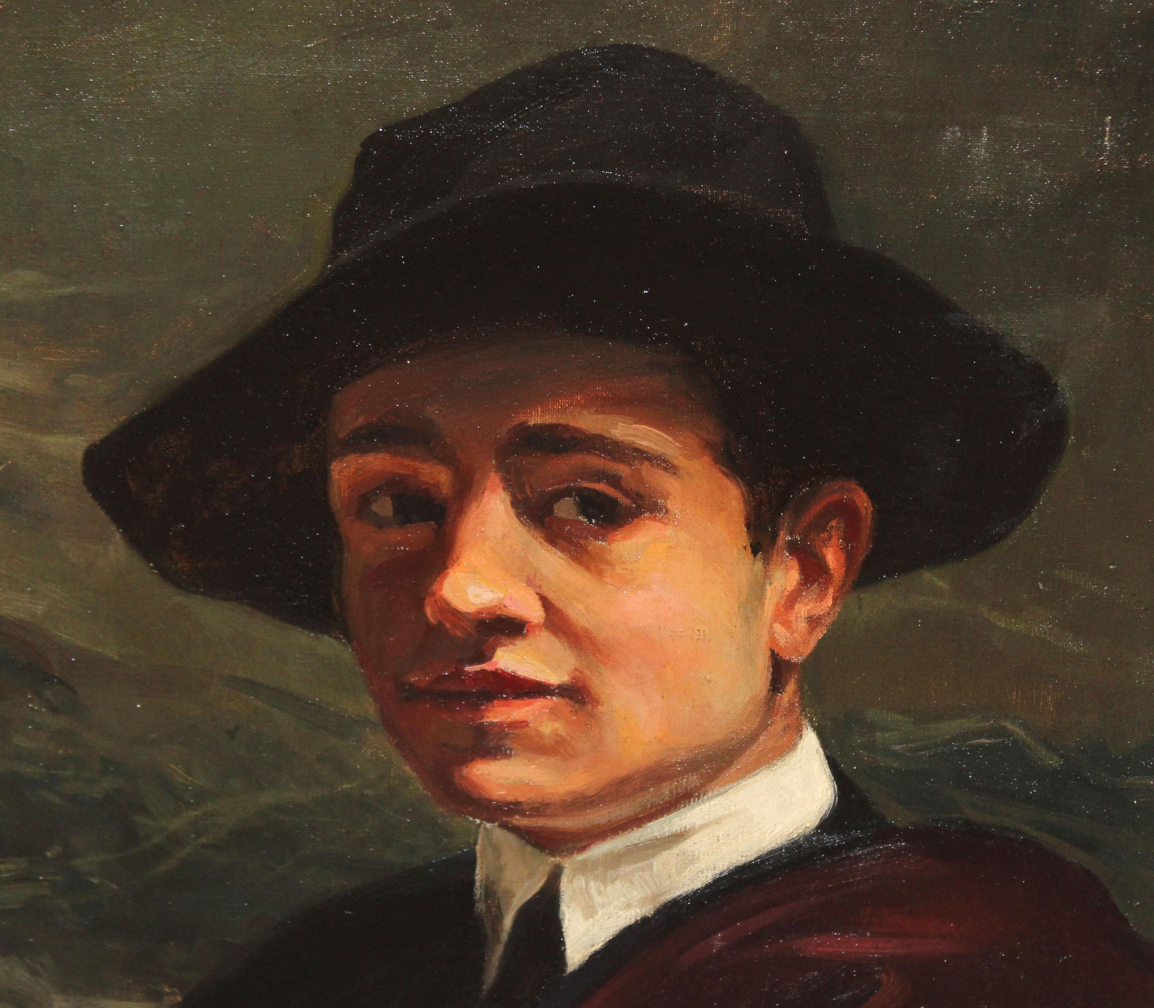 Óleo sobre tela - Retrato de caballero con sombrero - Academic Painting by Unknown